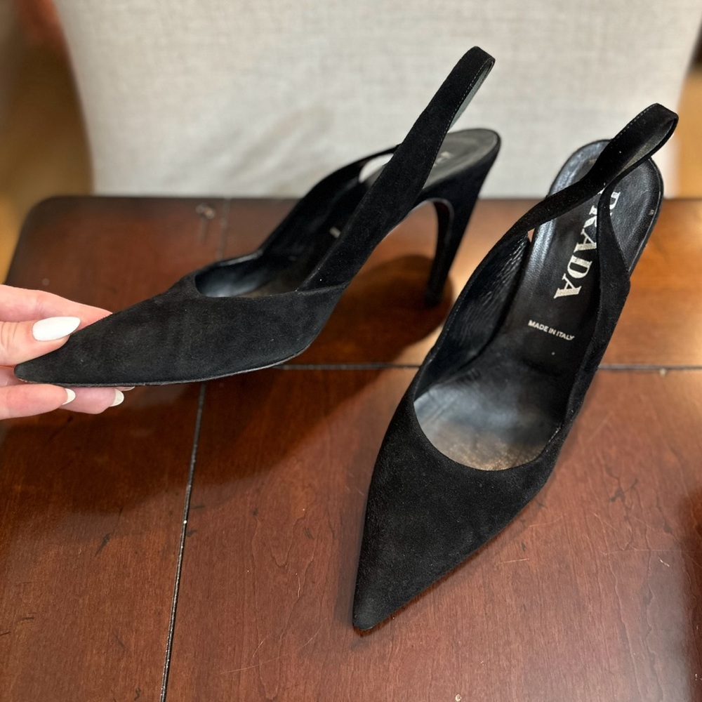 Prada Slingback Suede Pointed Toe Kitten Heels Size 37.5